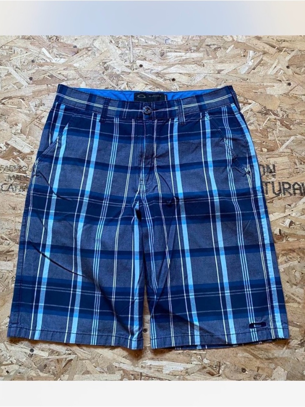 Oakley Men’s Blue Plaid Shorts with embroided logo